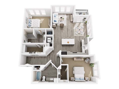 A top-down view of a house layout with a kitchen, living room, and bedrooms.